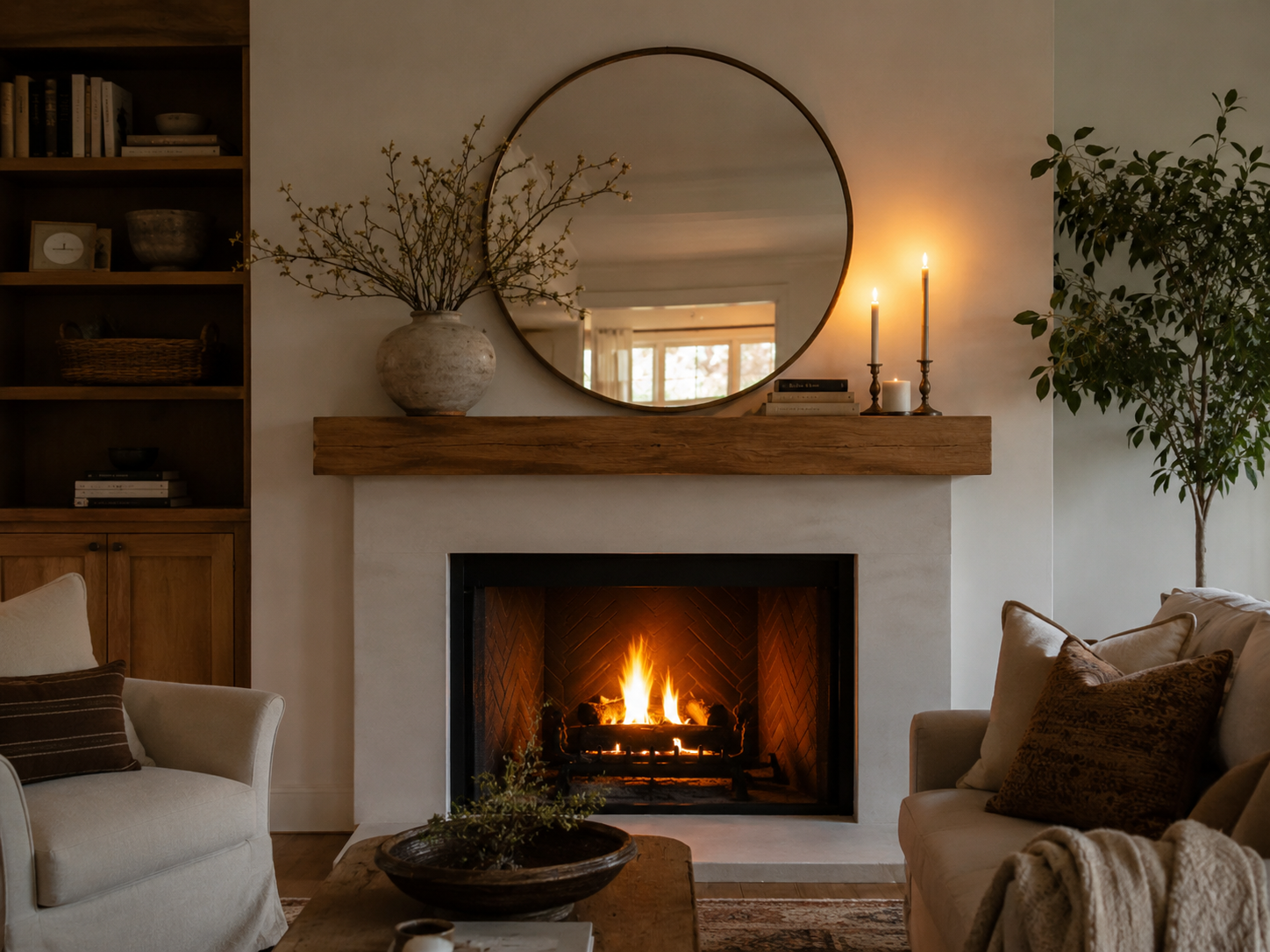 Cozy fireplace mantel wall with a large mirror, candles, ceramic vase with branches, and books