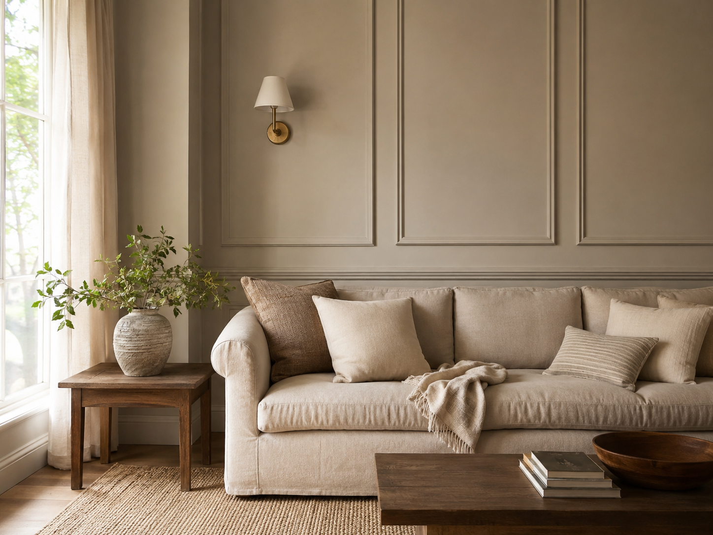 Living room with subtle soft taupe wall paneling behind a neutral sofa and minimal decor