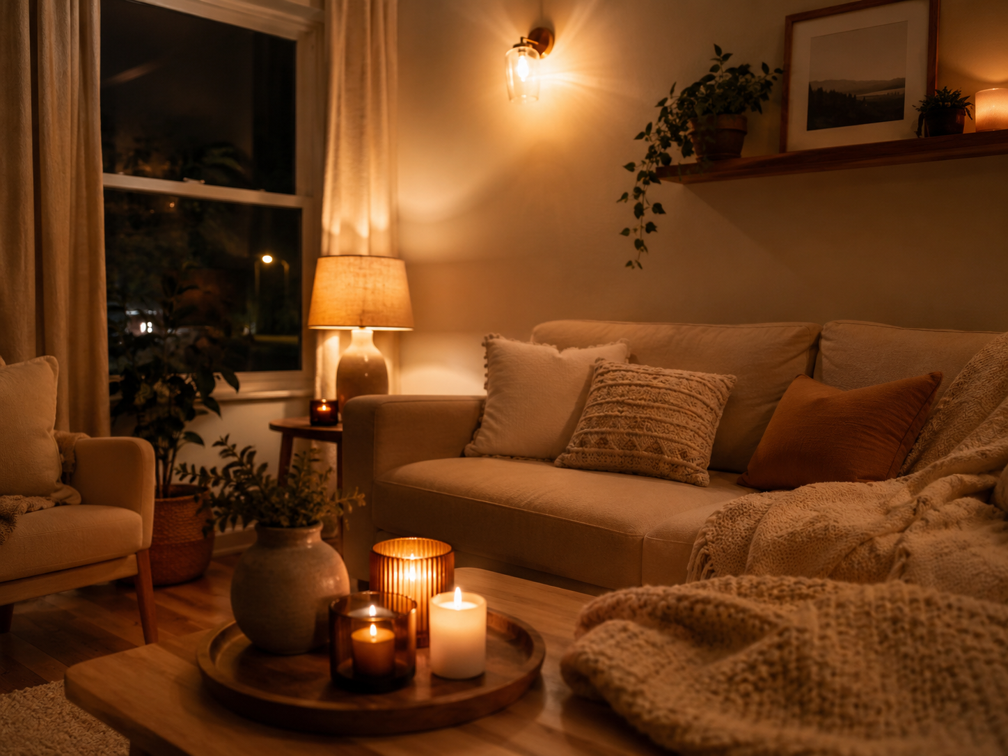 Small living room at night with a glowing table lamp, wall sconce, candles, and soft blankets