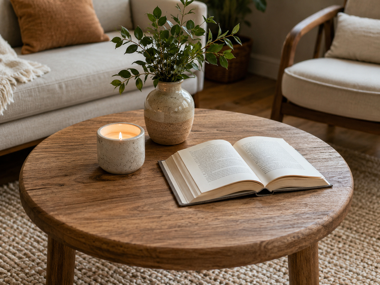 Round wooden coffee table styled with a candle, book, and small vase in a small living room