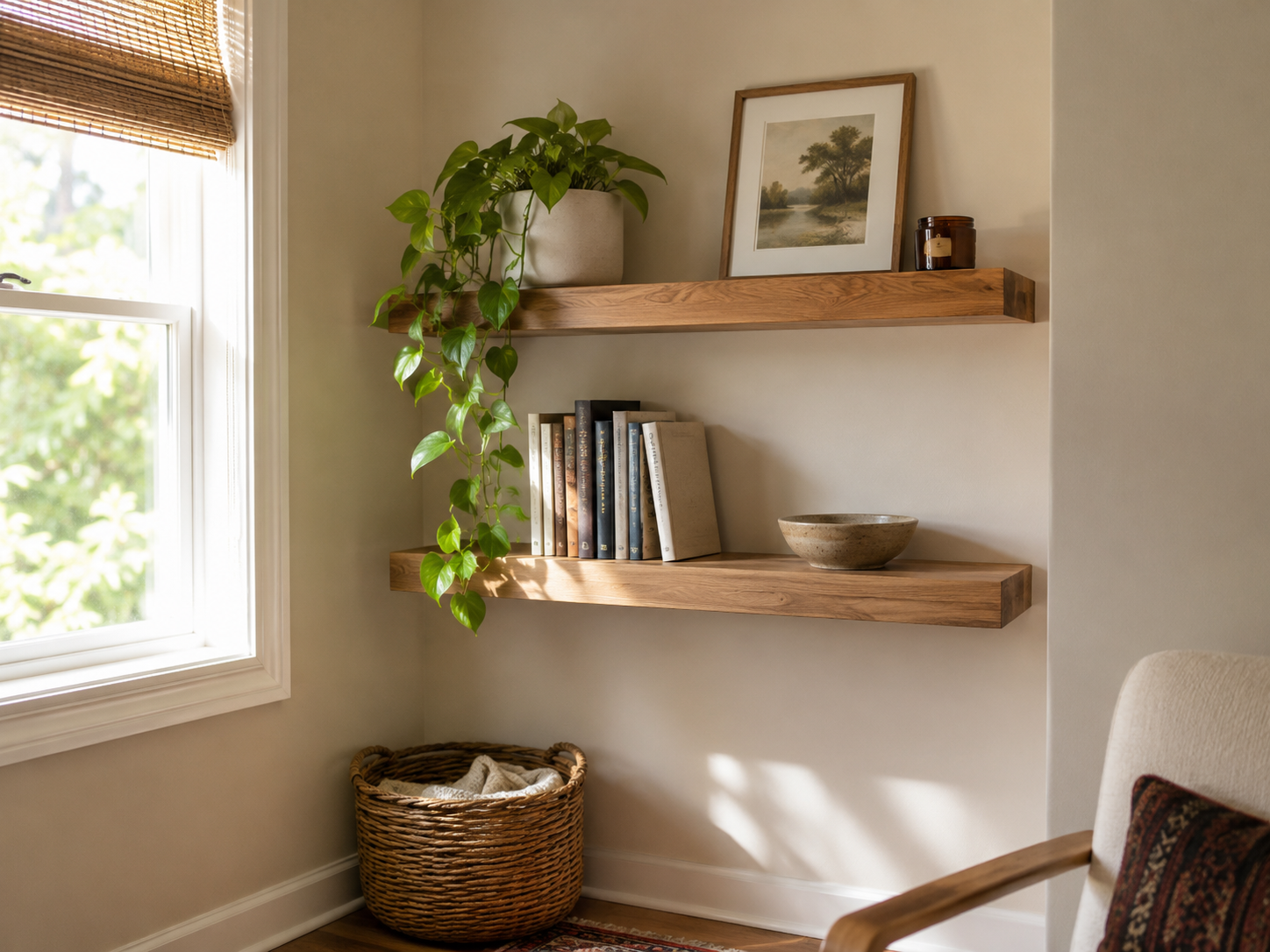 Slim wooden floating shelves on a small living room wall with books, plants, art, and simple decor