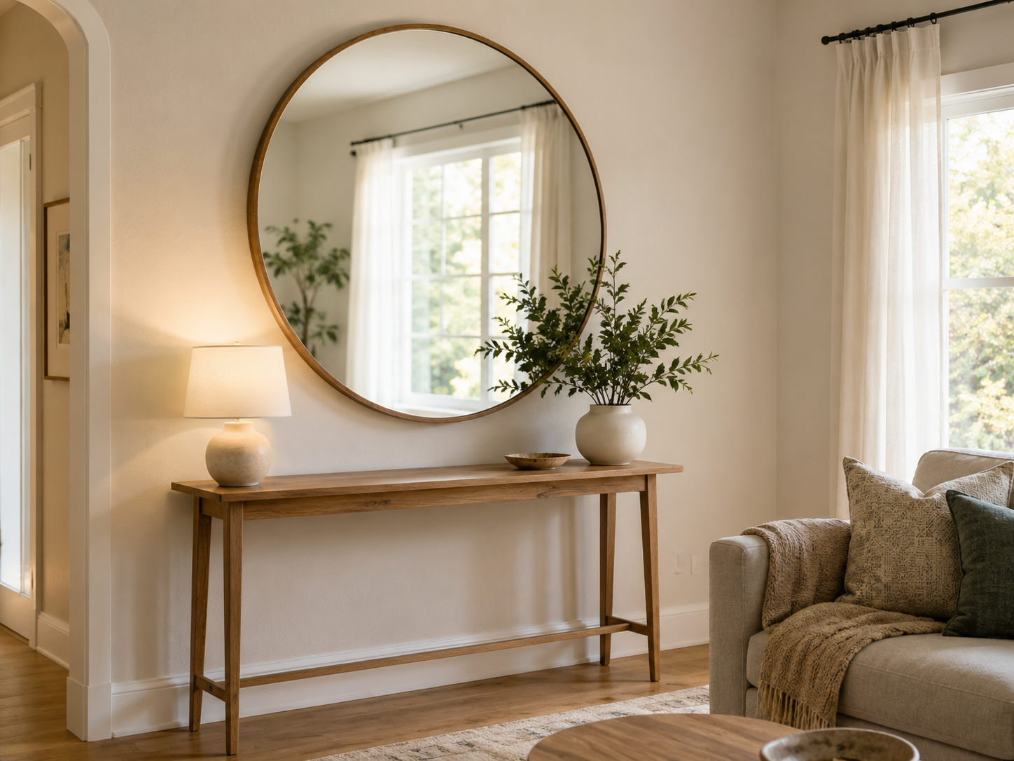 Large round mirror above a slim console table reflecting daylight in a small living room
