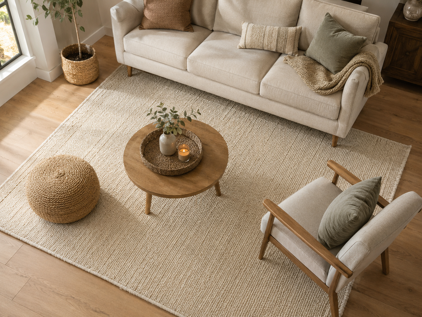 Light woven rug anchoring a small living room seating area with a sofa, chair, and round coffee table
