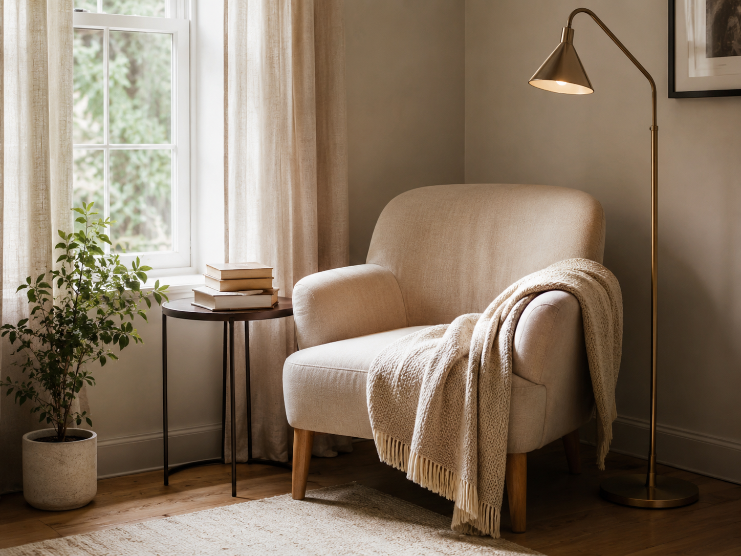 Cozy reading corner in a small living room with one accent chair, floor lamp, side table, books, and plant