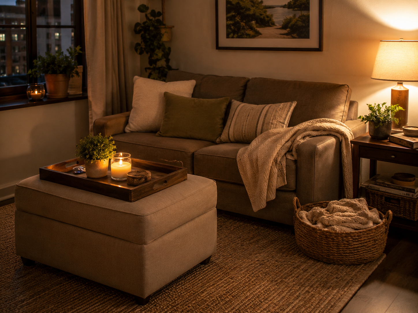 Small living room with a storage ottoman used as a coffee table and a practical side table with a lamp and plant