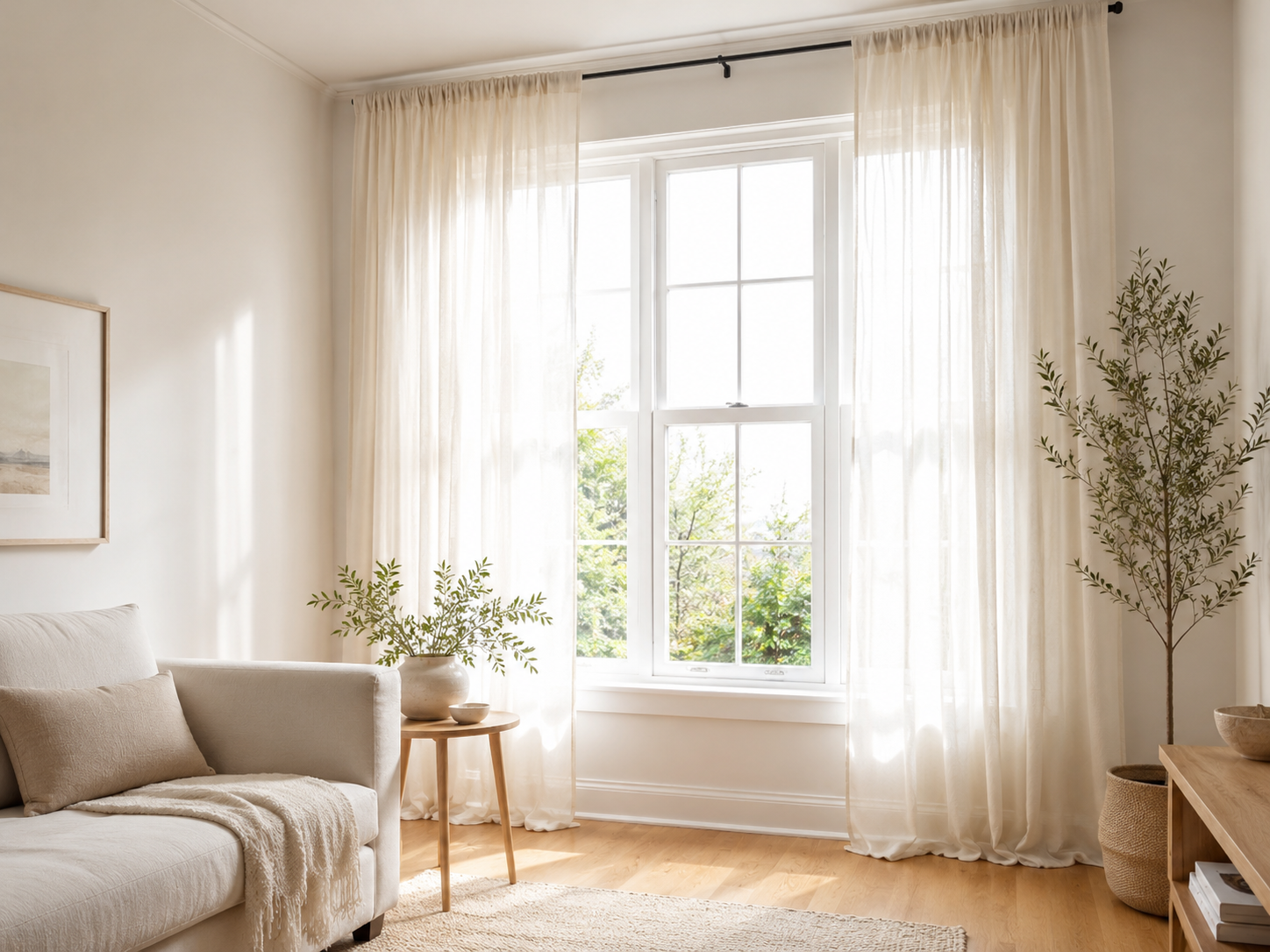 Small living room window with tall light linen curtains, soft daylight, and minimal cozy decor