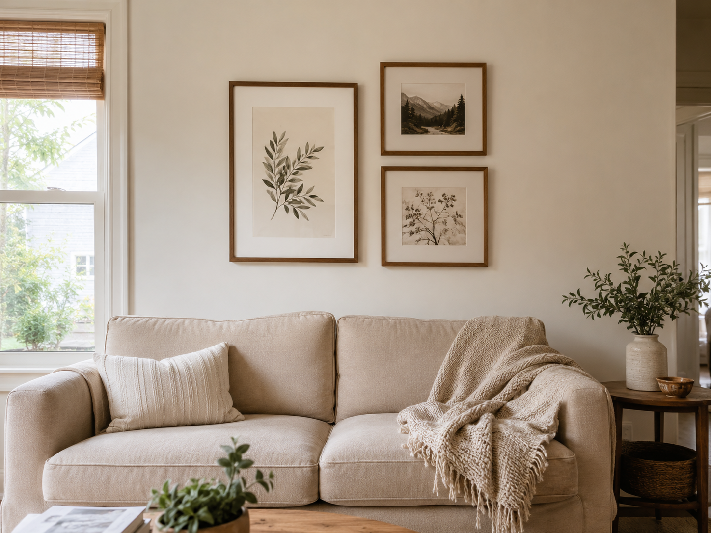 Small living room wall art above a sofa with neutral botanical and landscape prints in warm wood frames