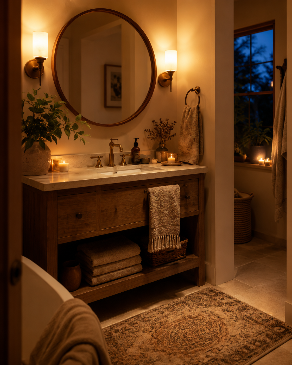 Evening boho bathroom vanity with round mirror, warm wall sconces, candles, beige towels, wood accents, and plant