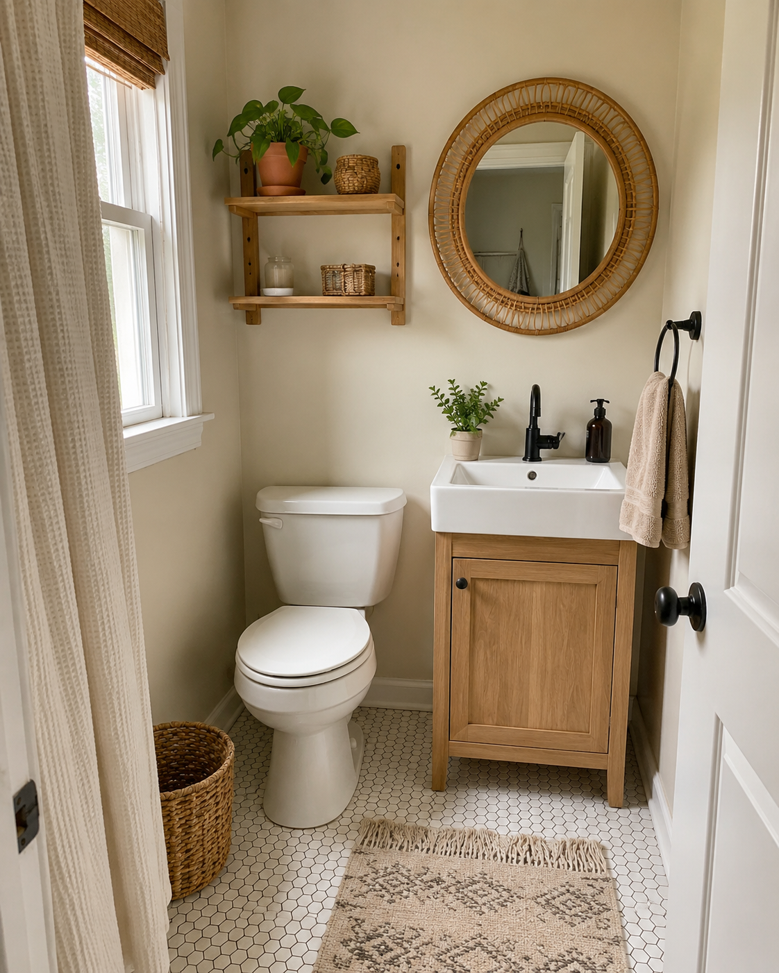 Small boho bathroom with compact vanity, round rattan mirror, narrow wooden shelf, small plant, beige towel, woven basket, and warm neutral walls