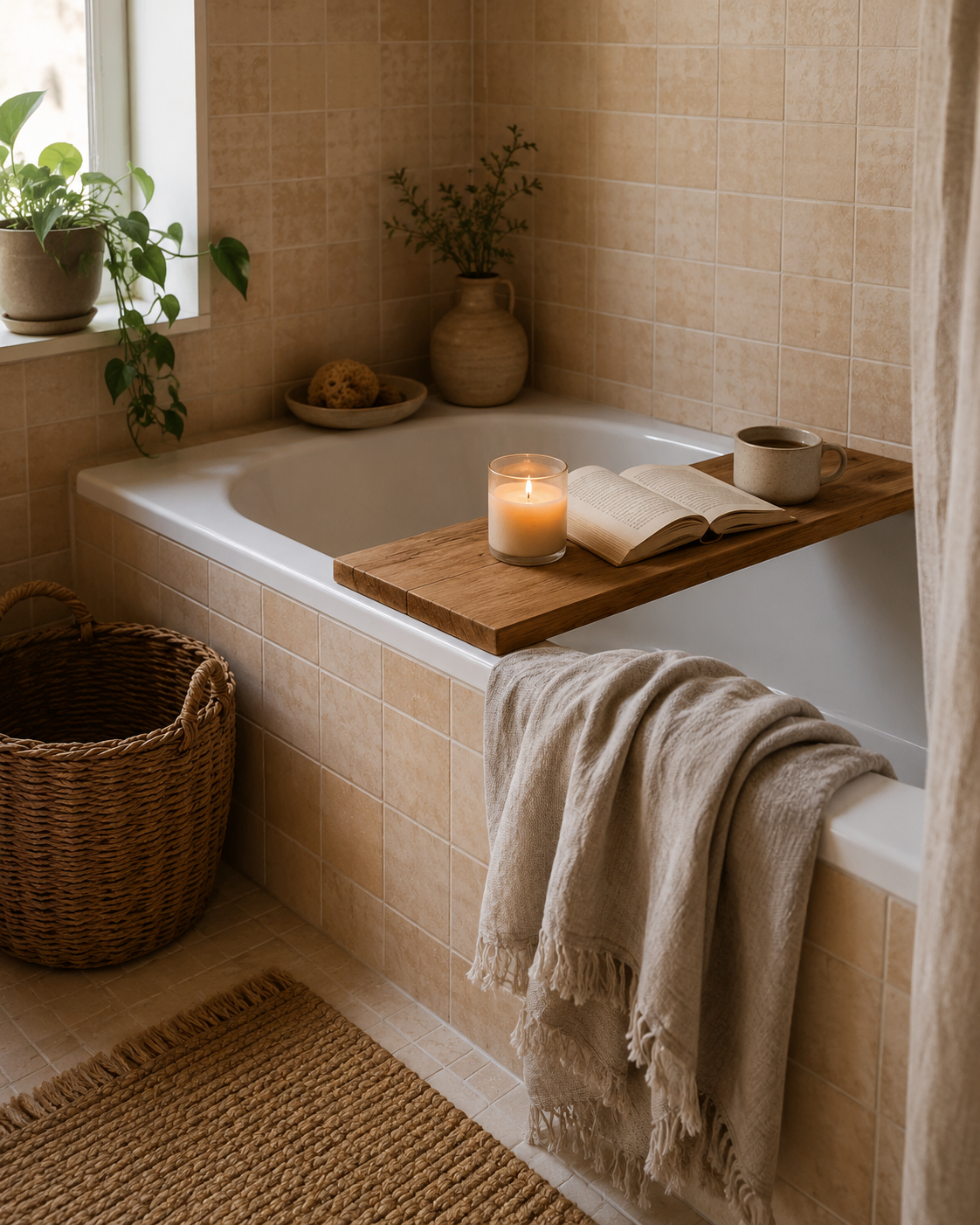 Boho bathtub corner with wooden bath tray, candle, book, ceramic cup, linen towel, plant, basket, and warm neutral tiles