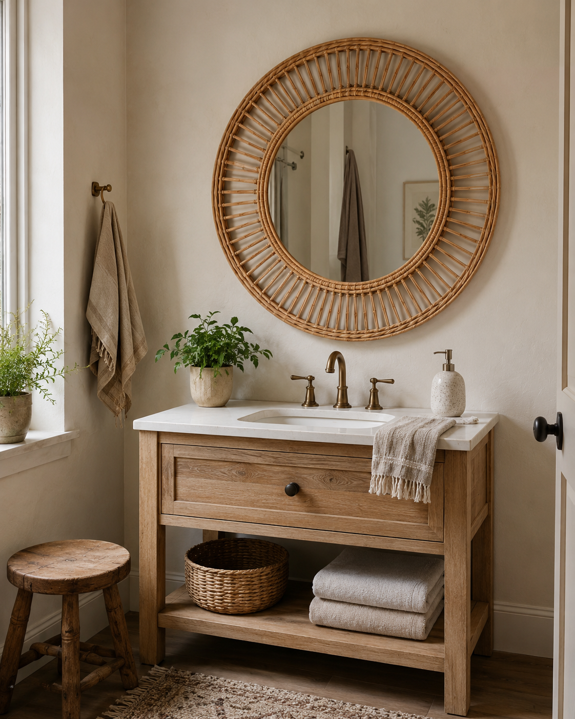 Boho bathroom with a round rattan mirror above a light wood vanity, simple sink, ceramic soap dispenser, small plant, and linen hand towel