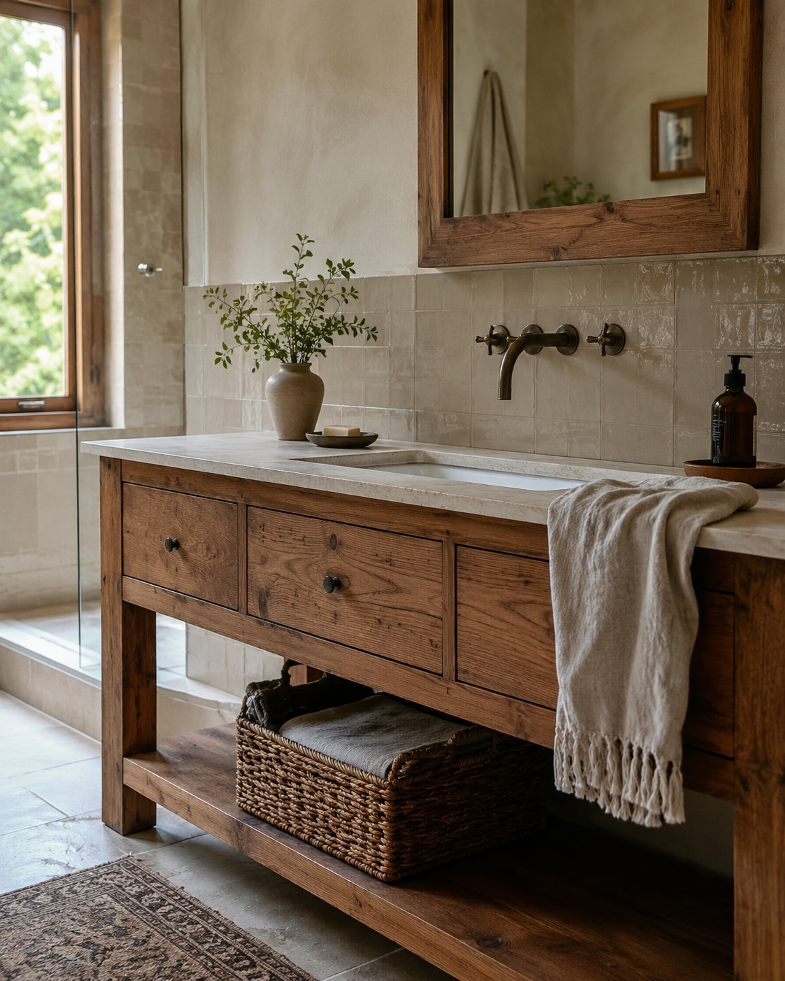 Boho bathroom with a warm wooden vanity, white or stone sink, beige wall tile, woven basket, linen towel, and ceramic vase
