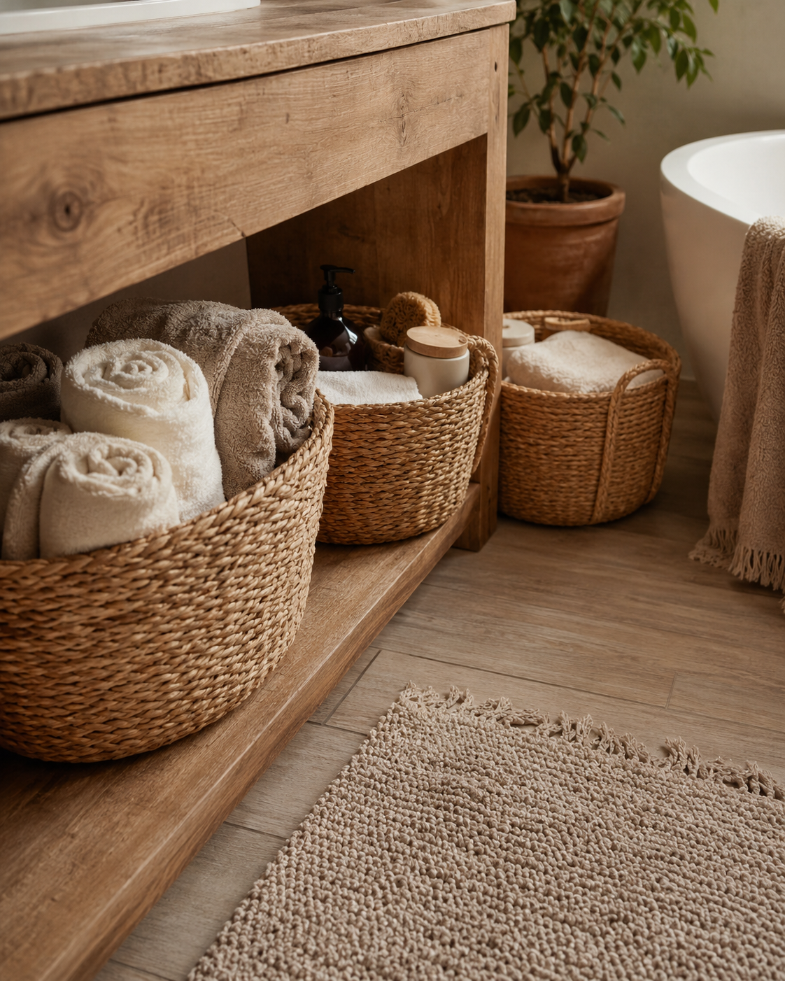 Close-up of woven basket storage in a boho bathroom with rolled towels, bath products, soft bath mat, tile, and plant