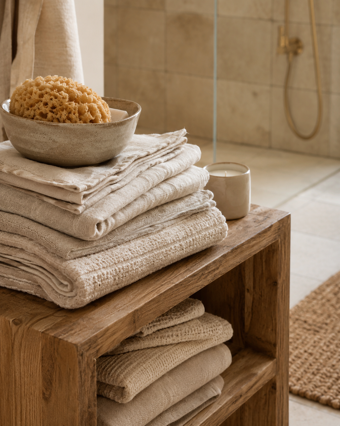 Close-up of beige and oatmeal linen towels on a wooden stool or shelf with ceramic bowl, sponge, candle, and woven bath mat