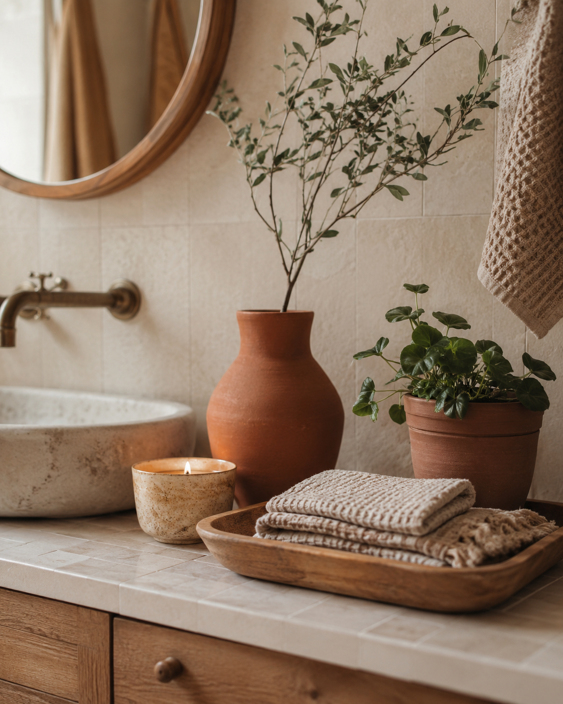Boho bathroom vanity or shelf with clay ceramic vase, terracotta plant pot, beige towels, candle, natural wood tray, cream tiles, and plant