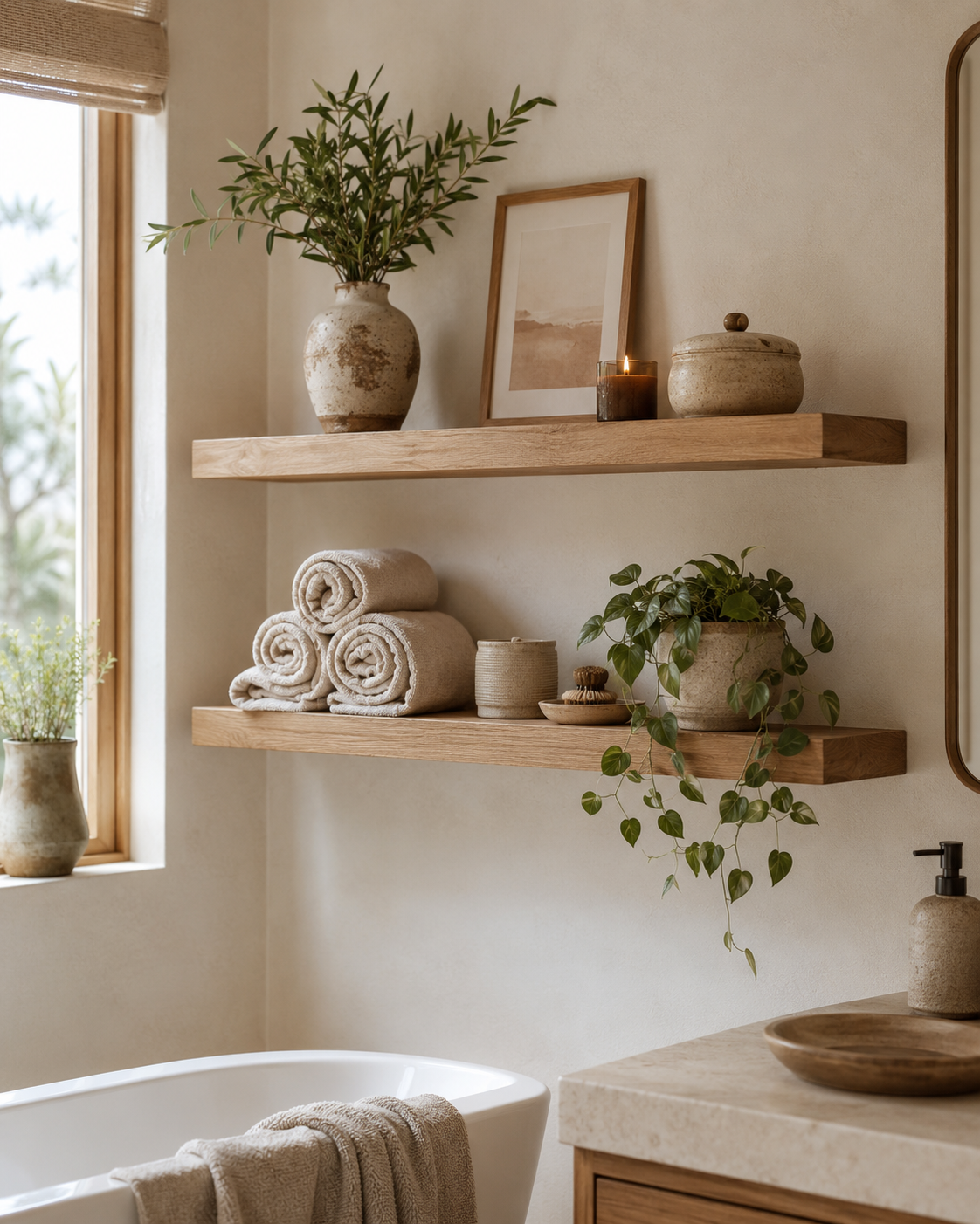 Wooden floating shelves in a boho bathroom styled with rolled linen towels, ceramic jars, plant, candle, and framed print