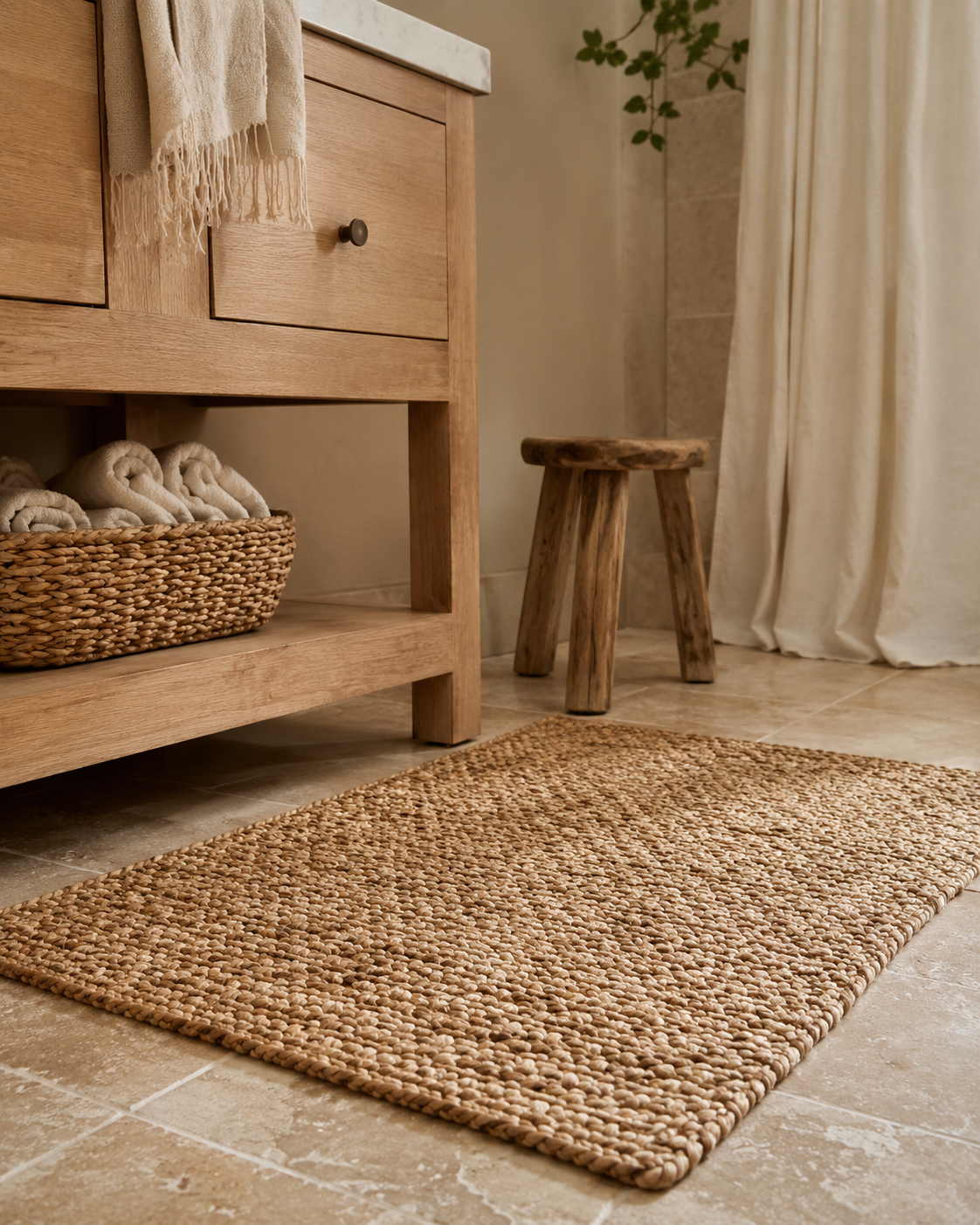 Bathroom floor detail with woven bath mat or jute-style rug, lower vanity, warm neutral tiles, wooden stool, and basket with towels