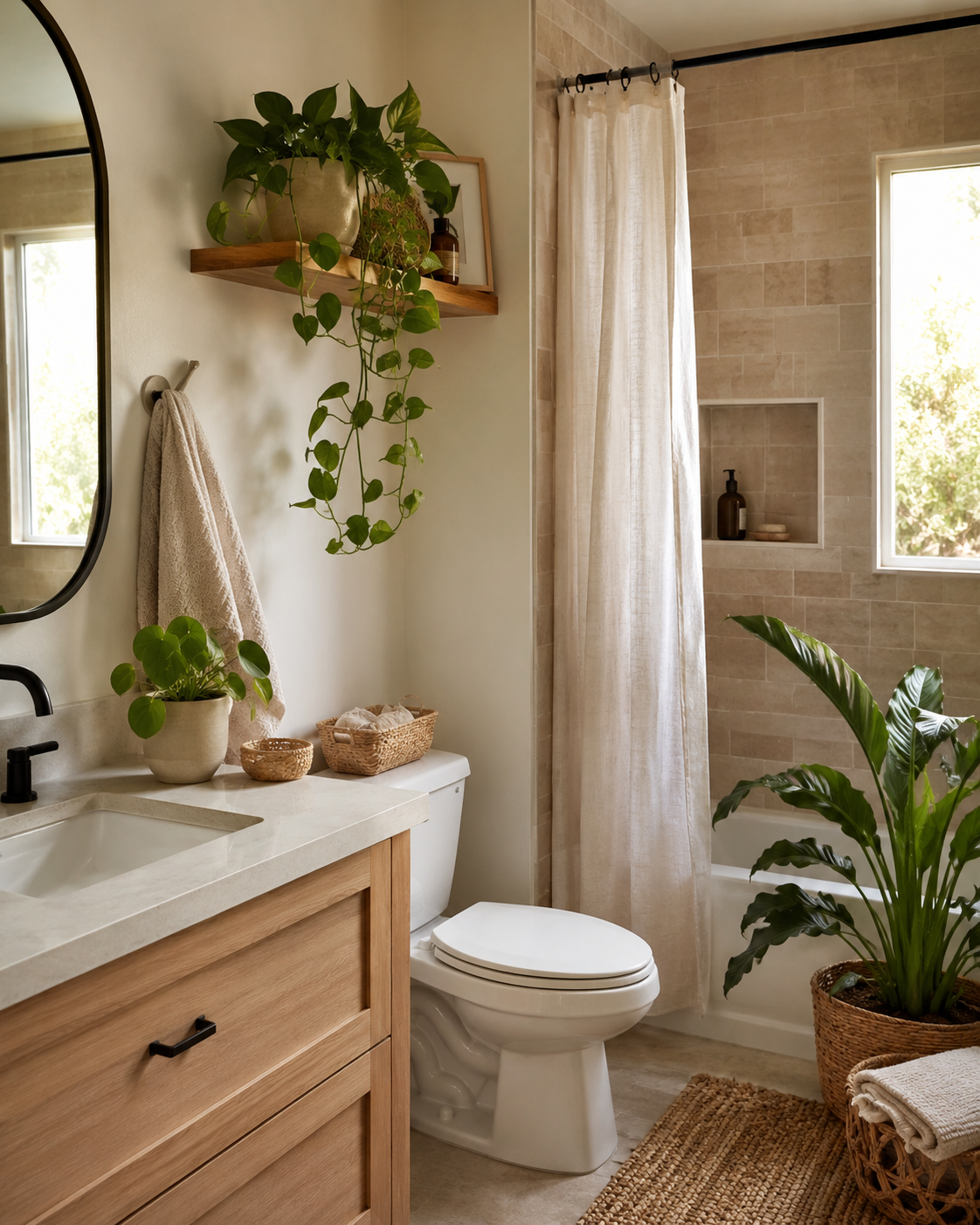 Boho bathroom with a plant on the vanity, trailing plant on a shelf, leafy plant near bathtub or shower, linen towels, wood accents, and woven baskets