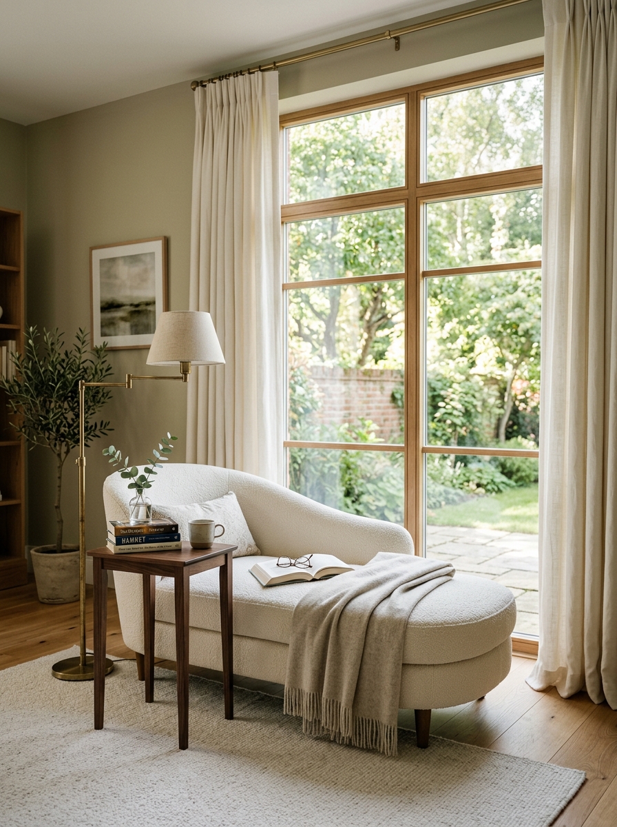 Chaise lounge reading nook beside large window with curved cream chaise, slim walnut side table, brass floor lamp, oatmeal throw, ivory curtains, rug, and books