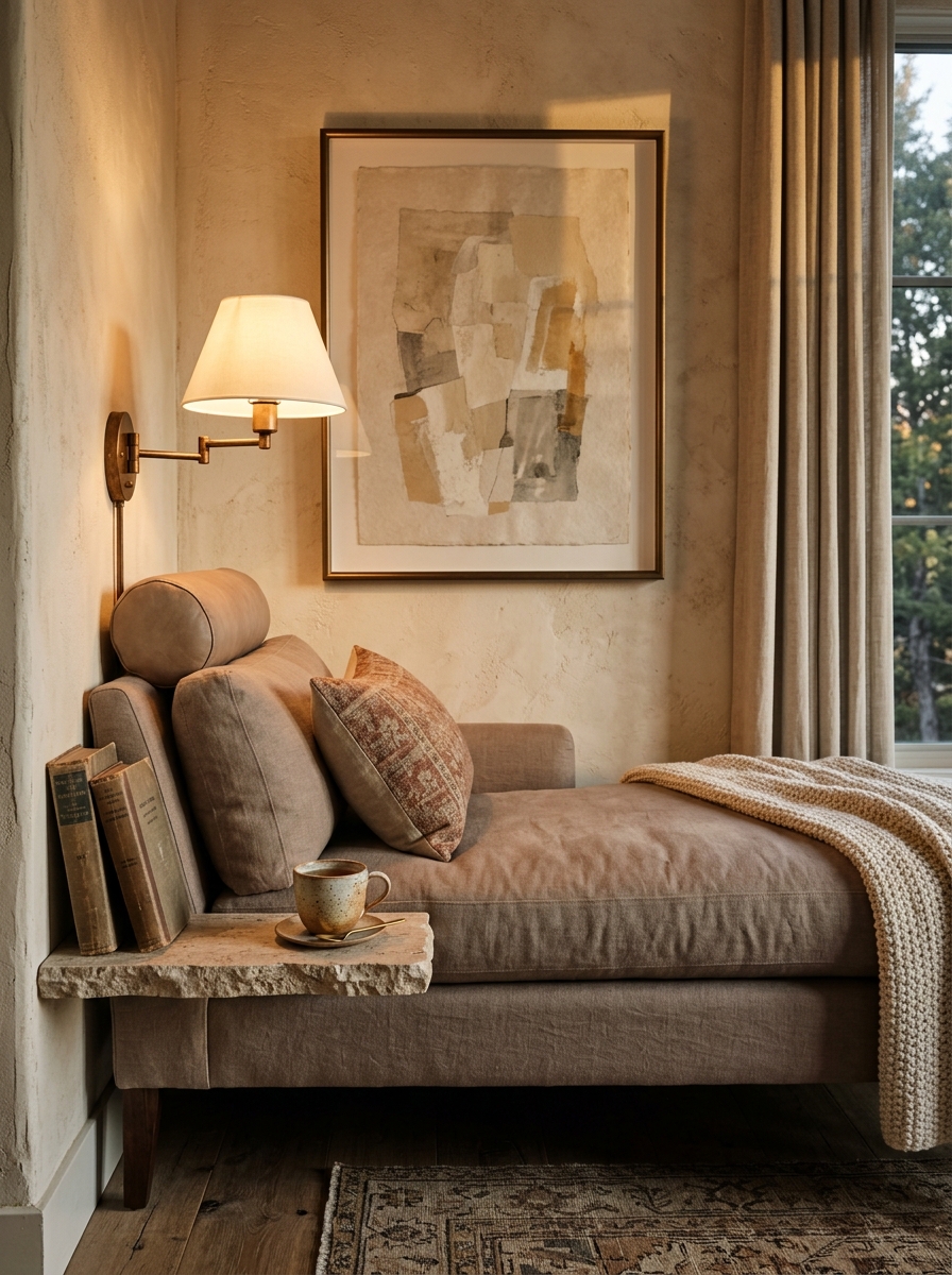Chaise reading nook with wall-mounted lighting, taupe chaise below neutral artwork, bronze swing-arm sconce, narrow stone ledge, books, ceramic cup, plaster walls, and evening glow
