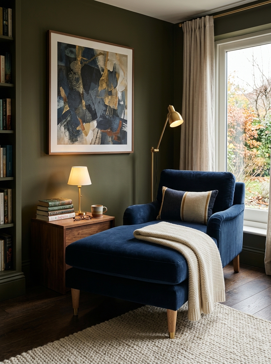 Moody chaise lounge reading room with deep navy chaise, dark olive walls, walnut side table, warm brass floor lamp, cream wool rug, abstract artwork, and book stack