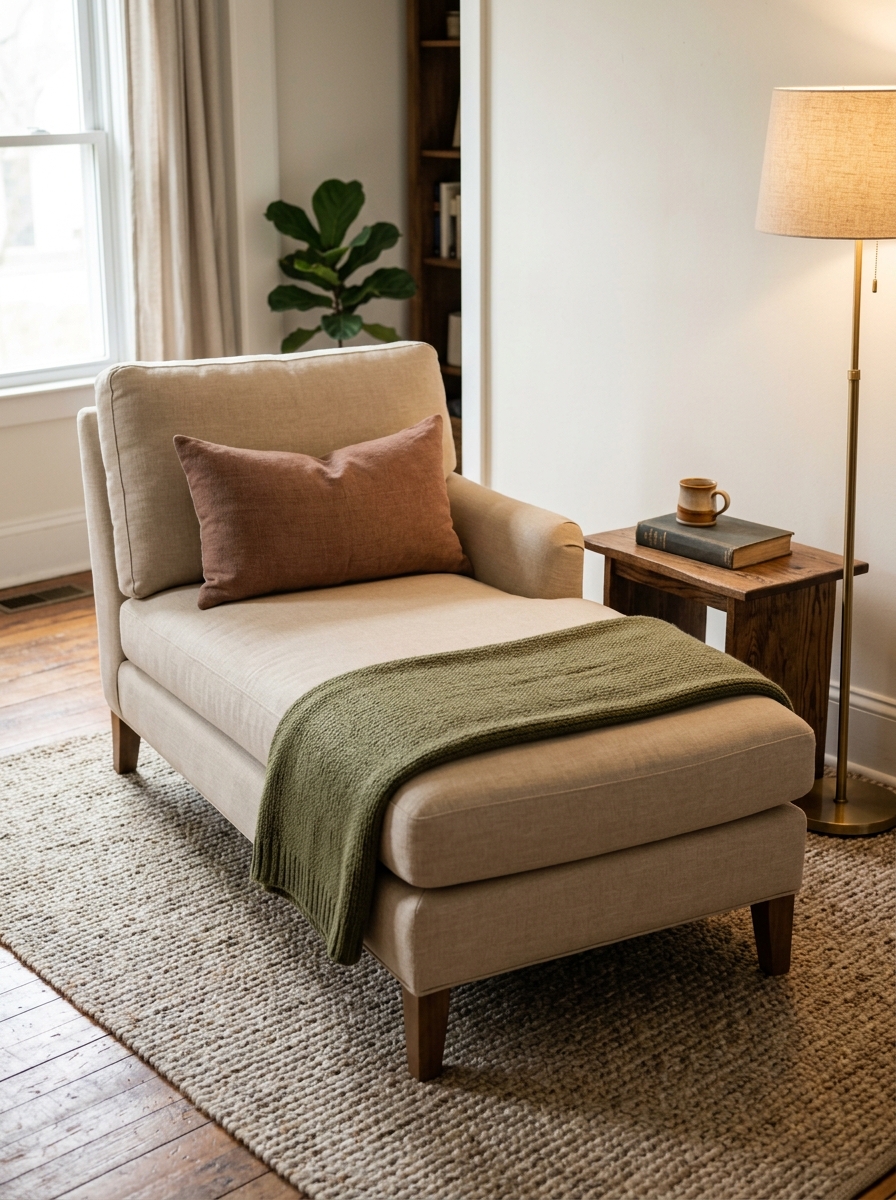 Chaise lounge styled for reading with warm beige upholstery, muted rust lumbar pillow, olive wool throw, wood side table, closed book, warm floor lamp, and neutral rug