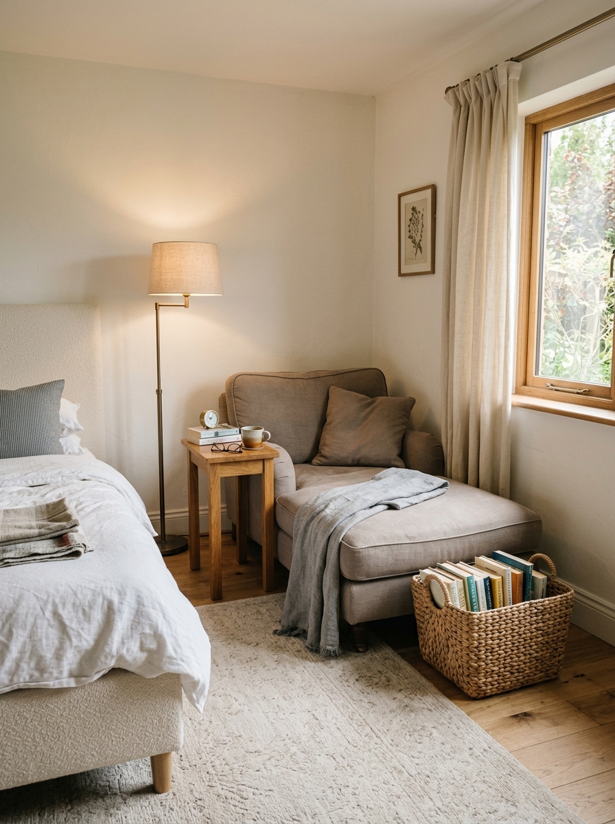 Bedroom chaise reading nook with soft taupe chaise, narrow warm wood table, bronze floor lamp, cream upholstered bed, linen curtains, pale rug, and woven book basket