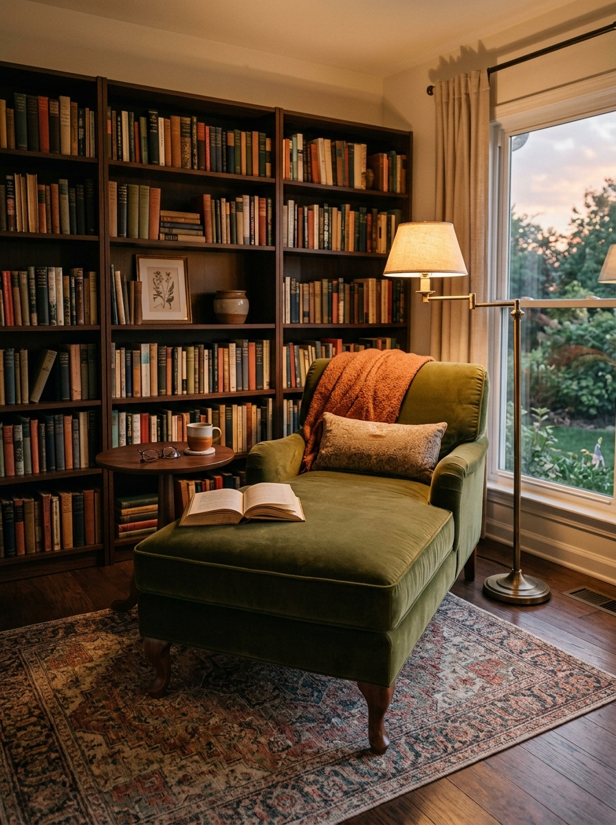 Library-style chaise reading nook with deep olive velvet chaise, dark walnut bookshelves, aged brass floor lamp, round wood table, muted traditional rug, and warm light