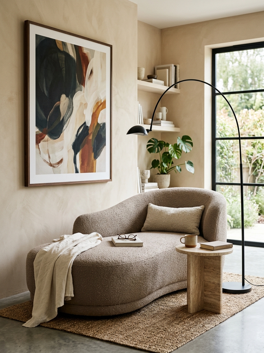 Modern reading nook with sculptural curved mushroom chaise, travertine side table, black floor lamp, warm beige walls, oversized abstract artwork, and filtered daylight