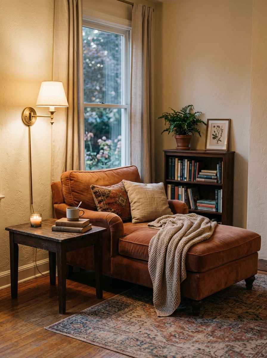 Cozy reading nook with muted rust velvet chaise lounge, dark wood side table, brass wall sconce, warm cream walls, faded patterned rug, and nearby bookshelf