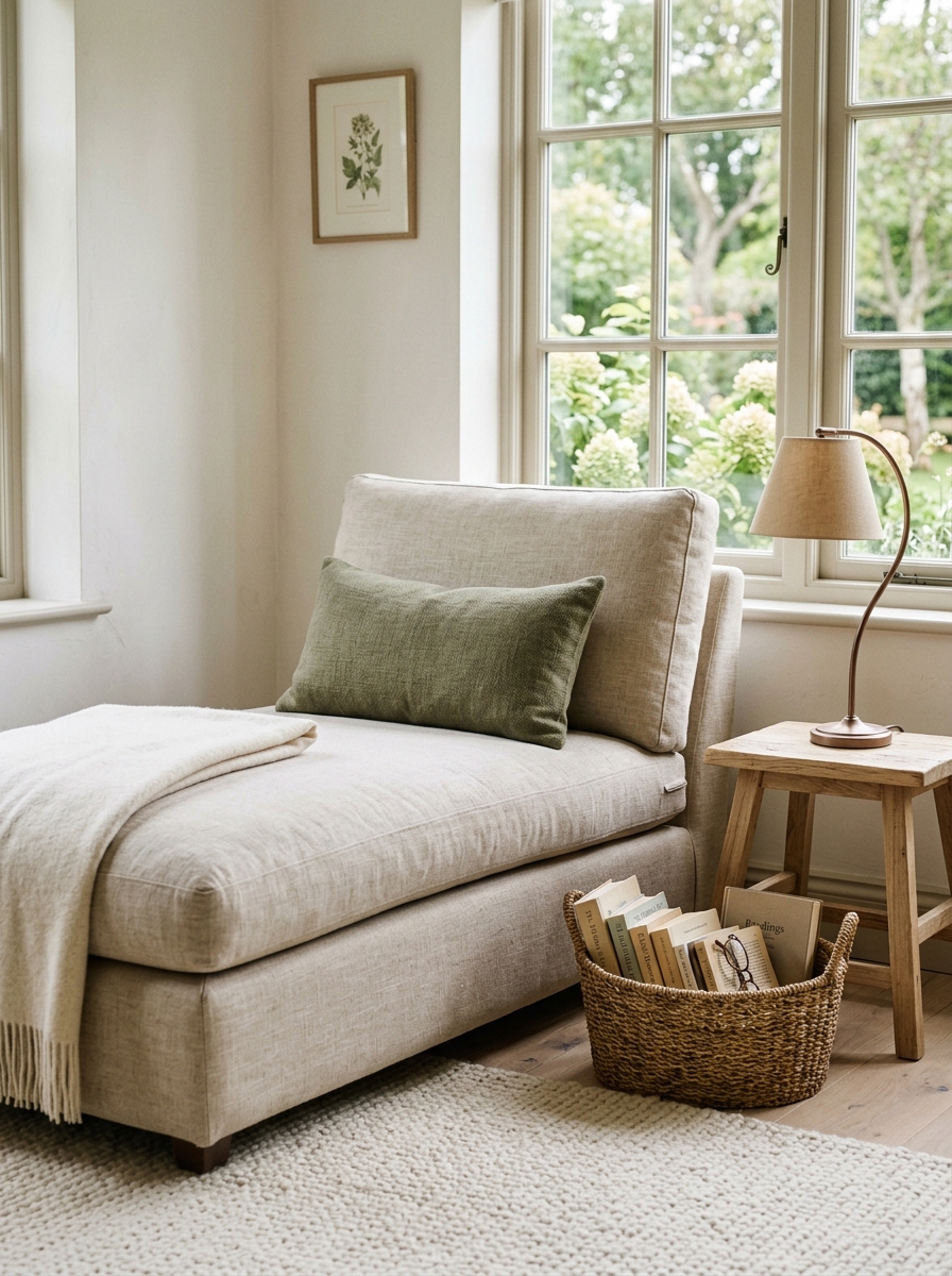 Relaxed reading nook with oatmeal linen chaise, pale oak table, soft bronze reading lamp, woven book basket, warm white walls, cream rug, and olive lumbar pillow