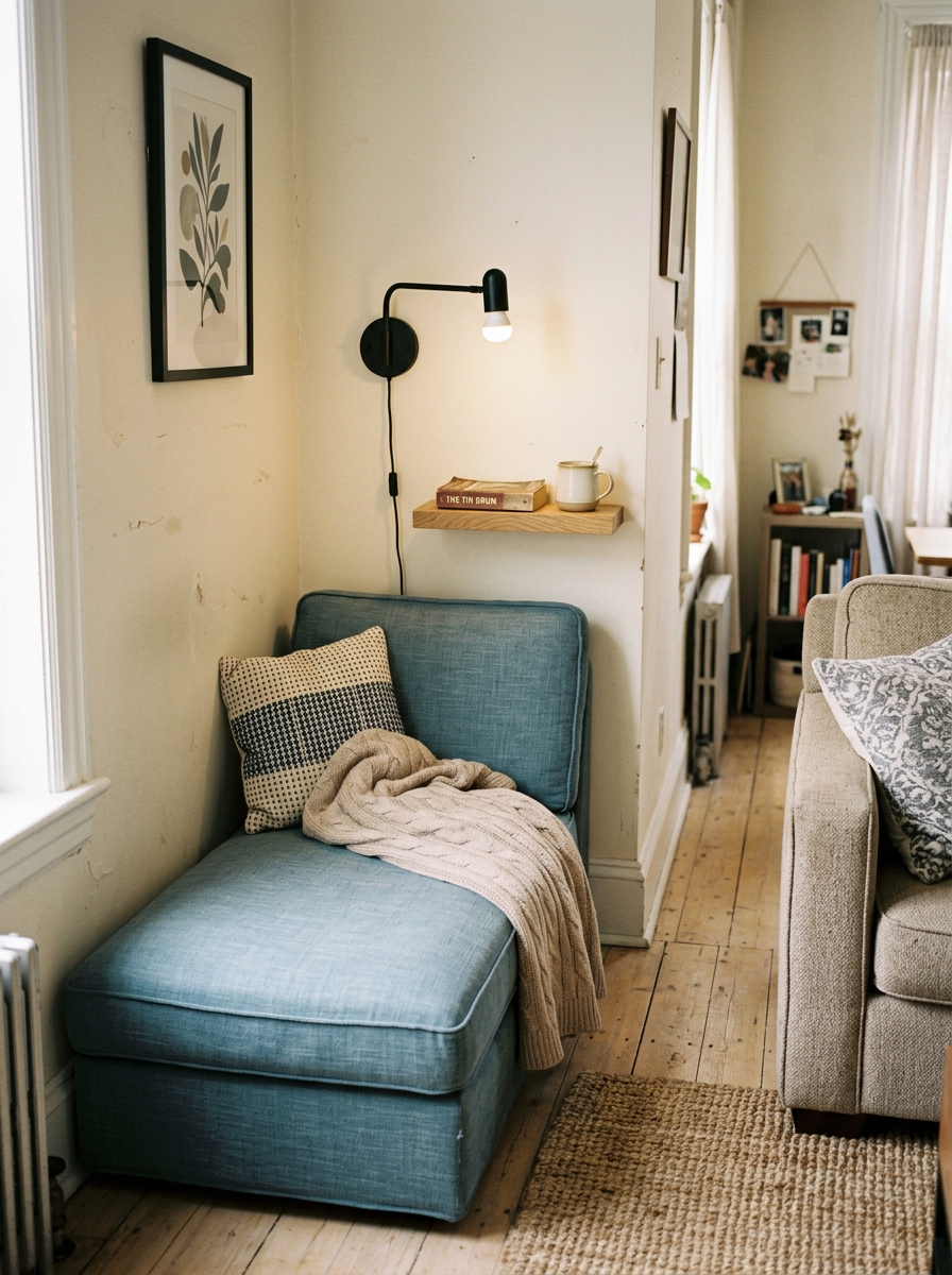 Compact chaise lounge reading nook in small city apartment with narrow dusty blue chaise, wall black reading light, floating oak shelf, beige sofa edge, and clear circulation space