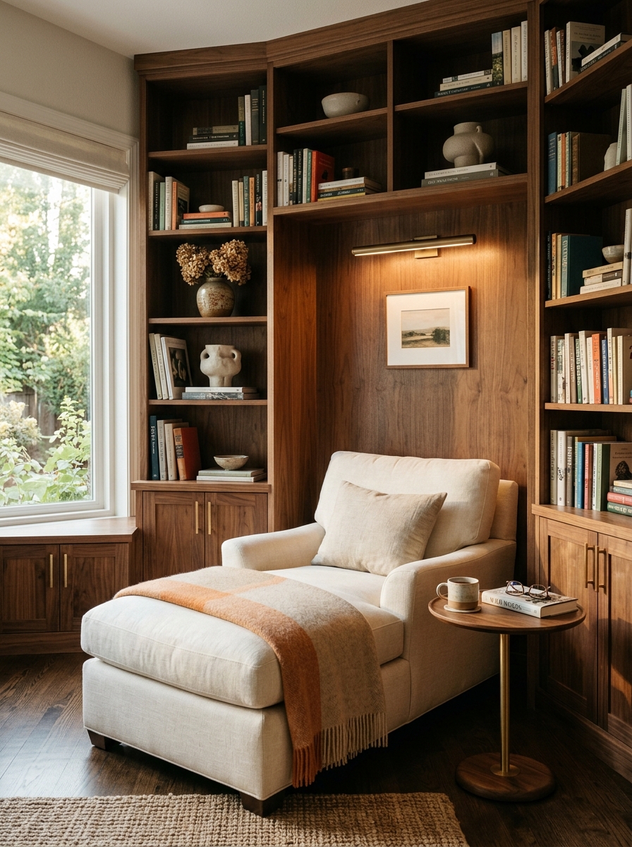 Chaise reading nook beside built-in warm walnut bookshelves with cream chaise, lower cabinets, slim bronze picture light, round side table, books, ceramics, and empty shelf space