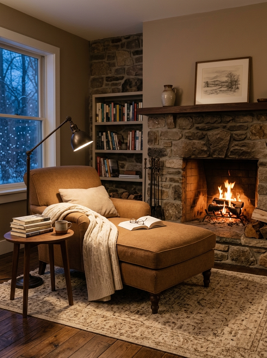 Fireplace reading nook with caramel rust chaise angled beside simple stone fireplace, walnut table, bronze reading lamp, wool rug, cream throw, and book stack