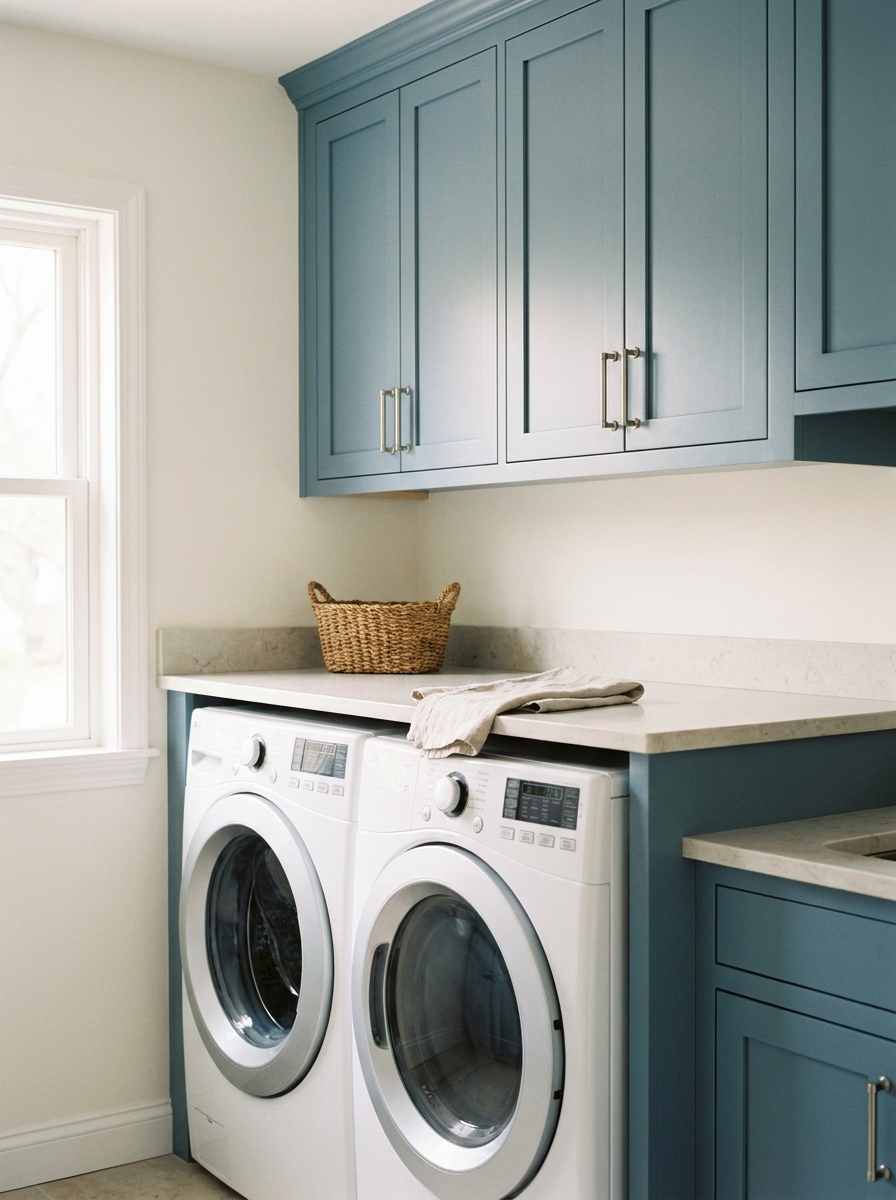 Bright laundry room with dusty blue cabinets above front-loading washer and dryer, stone counter, and warm white walls