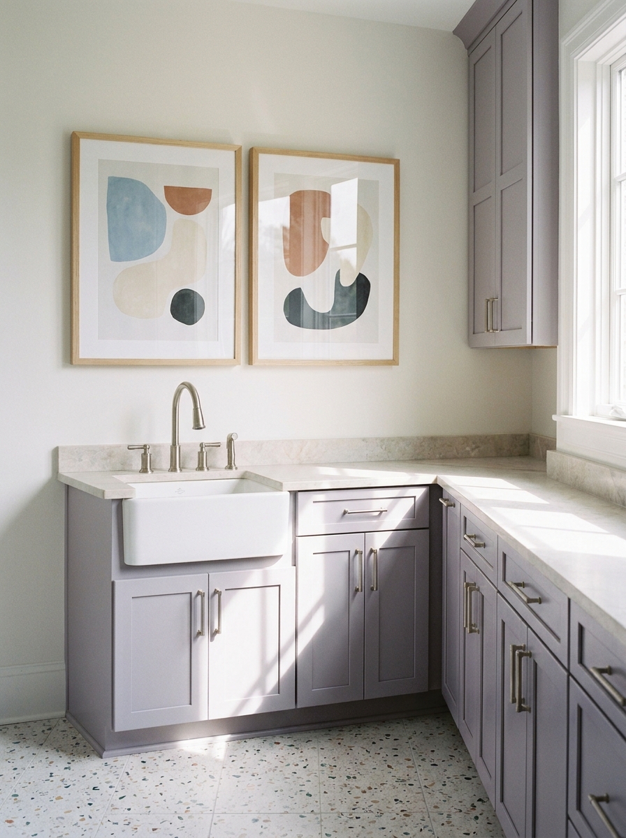 Calm laundry room with abstract framed art, lavender-gray cabinetry, pale stone counter, utility sink, and terrazzo floor