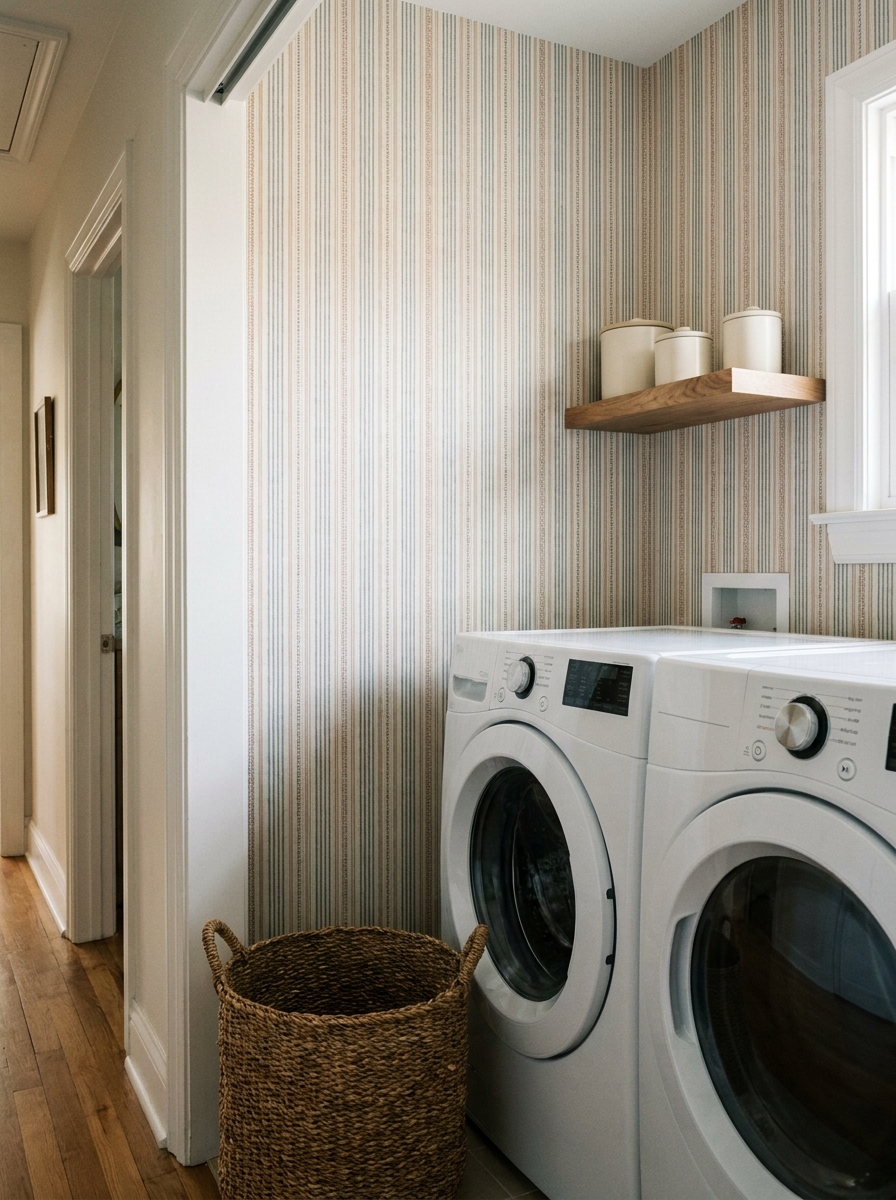 Small laundry nook with muted clay, warm white, and dusty blue striped wallpaper, machines, shelf, containers, and basket