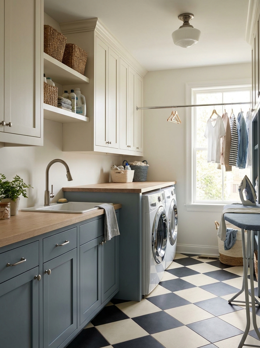 Complete laundry room with blue-gray lower cabinets, warm white storage, pale oak counter, checkerboard floor, sink, rail, and baskets
