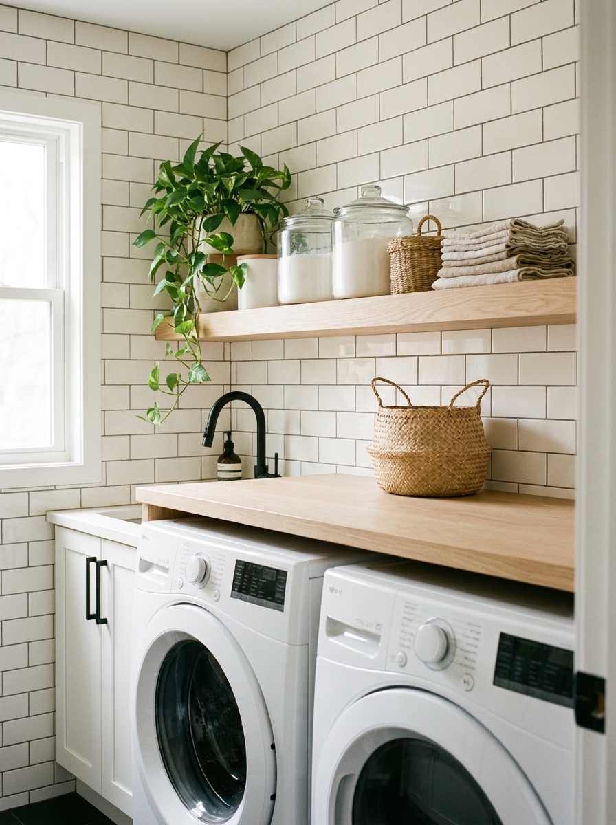 Compact laundry area with pale oak floating shelf above white front-loading machines, glass jars, basket, and trailing plant