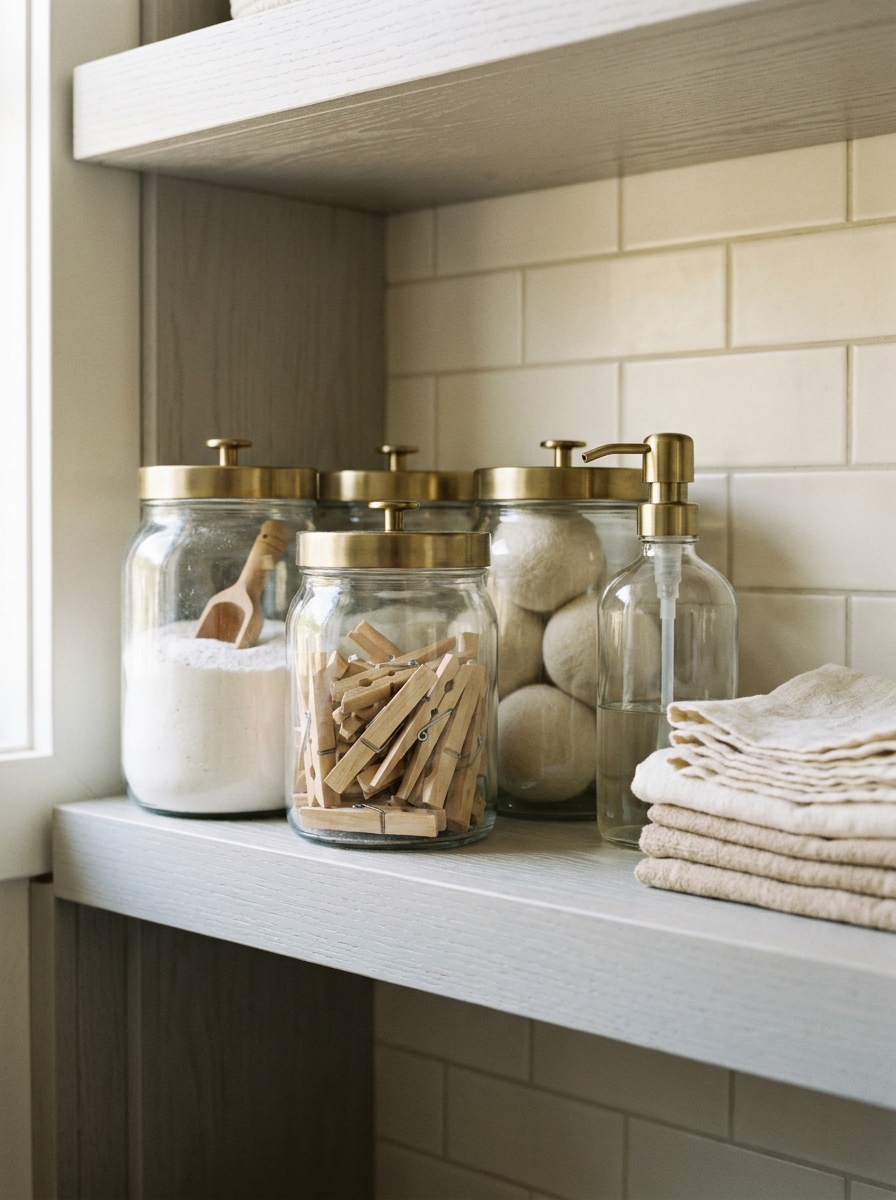 Laundry room shelf with glass jars for detergent, clothespins, dryer balls, dispenser, and folded cleaning cloths