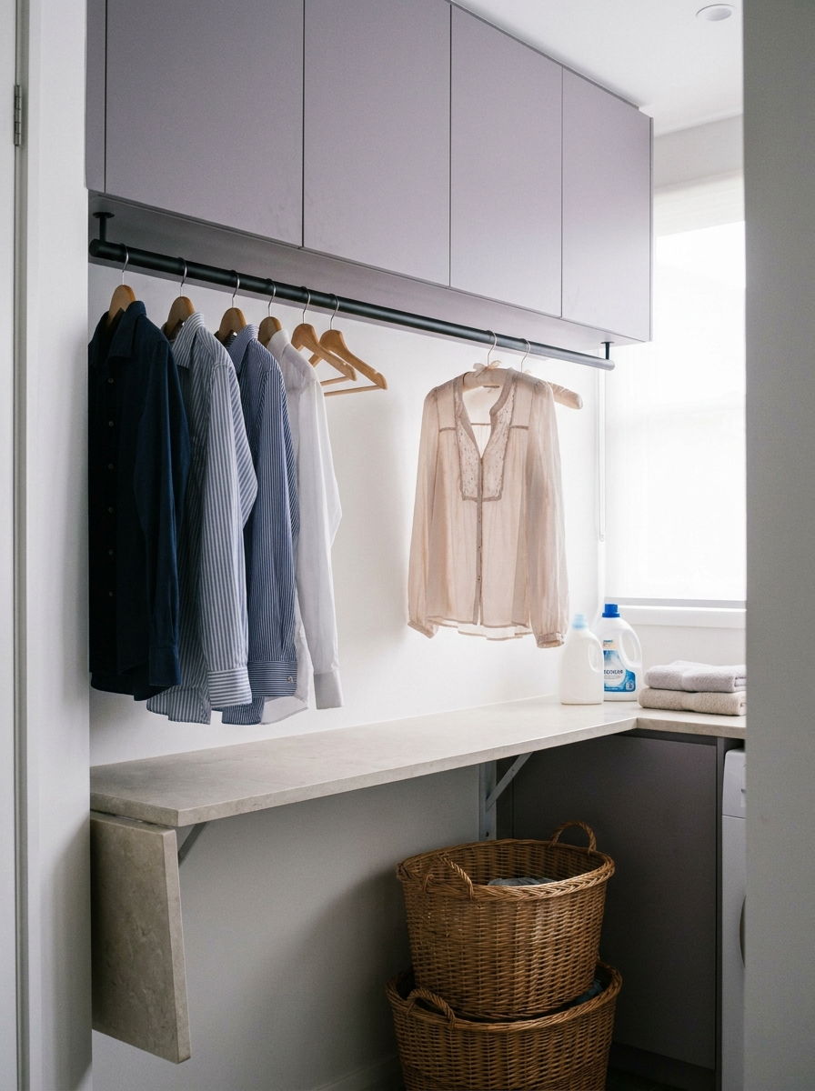 Narrow laundry room with matte black hanging rail, lavender-gray cabinets, garments, folding counter, and baskets