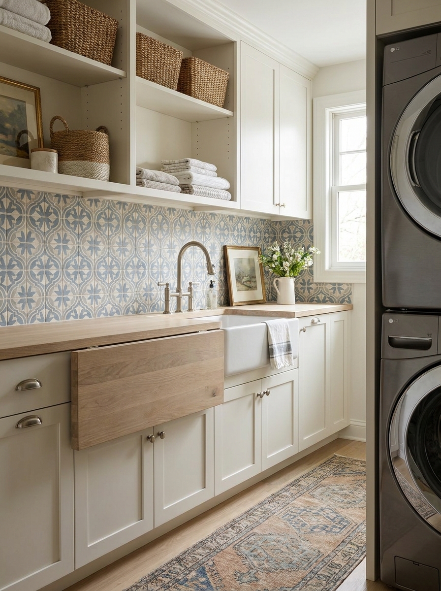 Laundry room with dusty blue, cream, and soft gray geometric backsplash, warm white cabinets, sink, and pale oak counter