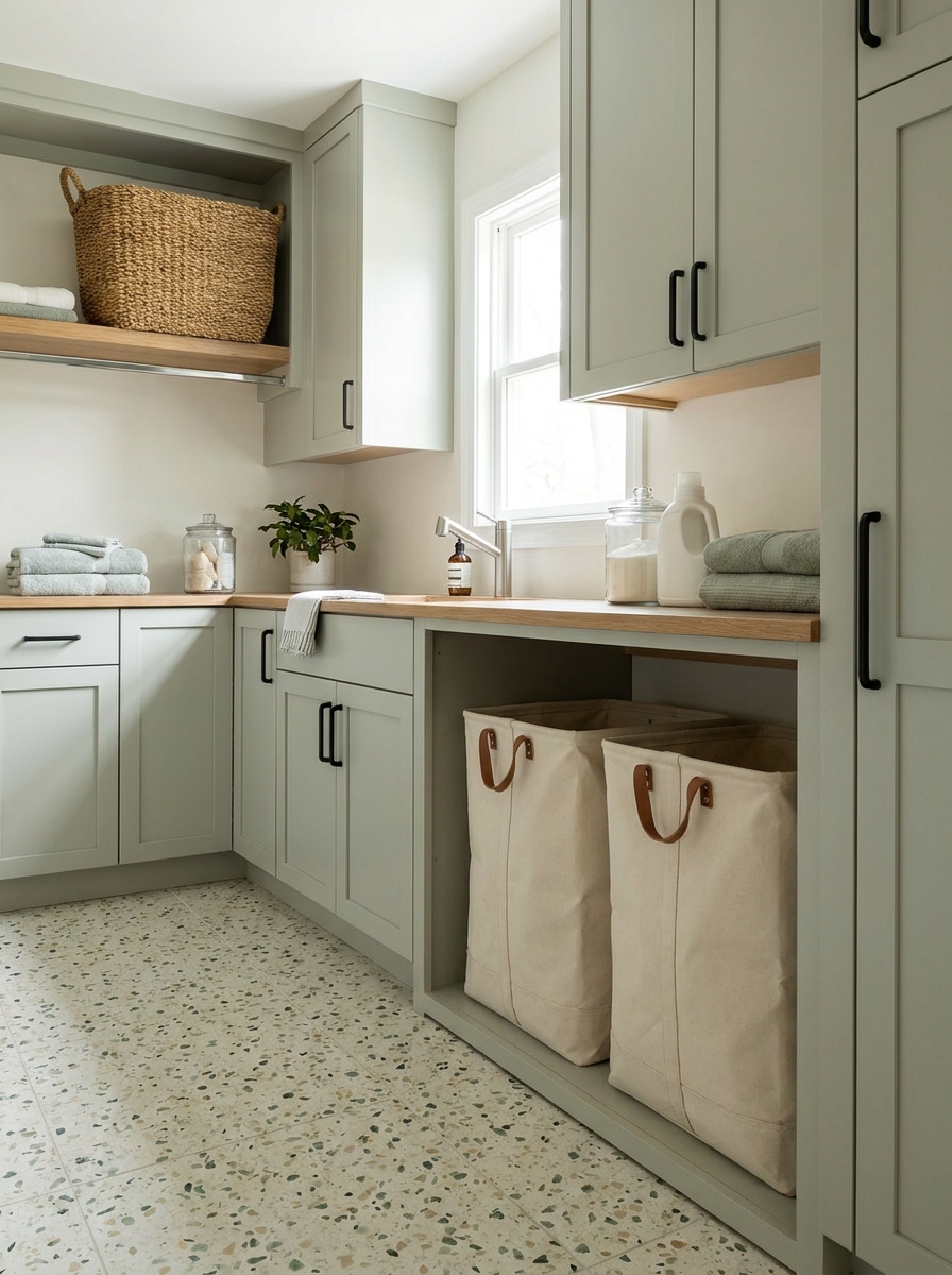 Organized laundry room with canvas hampers, woven basket, green-gray cabinets, terrazzo floor, and black hardware