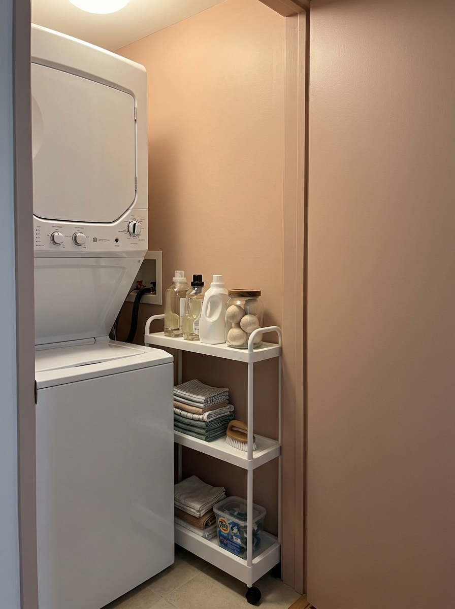 Small apartment laundry closet with slim white rolling cart between stacked washer-dryer and wall