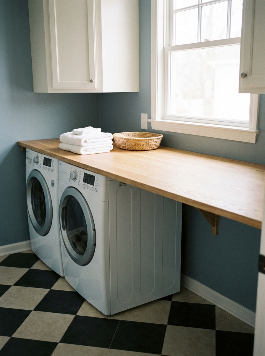 Laundry room with natural oak folding counter above white front-loading washer and dryer, towels, basket, cabinets, and checkerboard floor