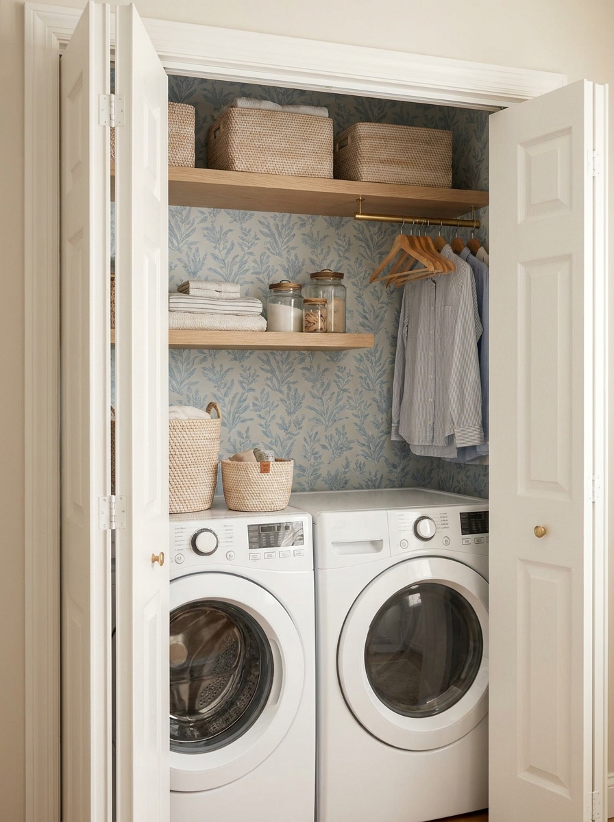 Organized laundry closet with stacked white machines, blue botanical wallpaper, pale oak shelves, baskets, and brass hanging rail