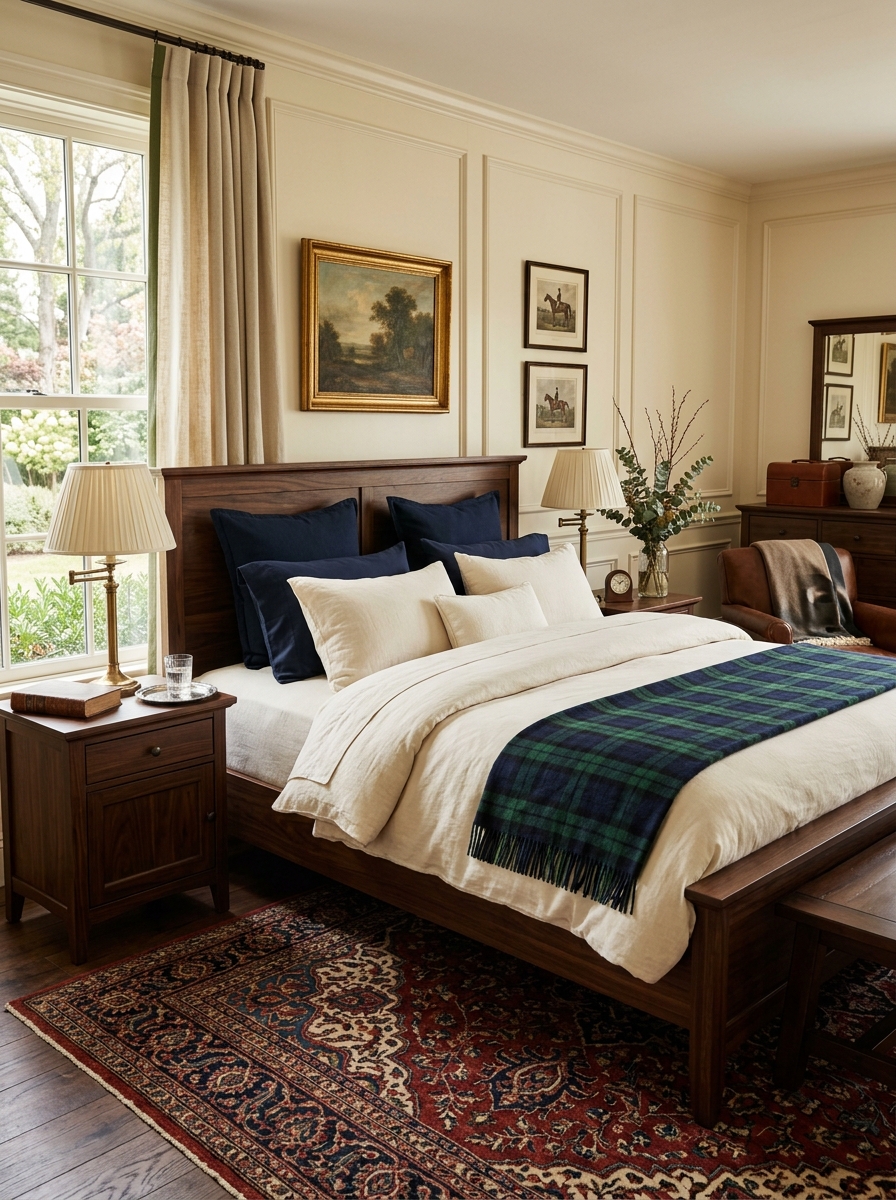 Ralph Lauren-inspired bedroom with dark walnut wood bed frame, cream layered bedding, navy pillows, green and navy plaid throw, dark wood nightstands, brass lamps, traditional rug, and warm natural light