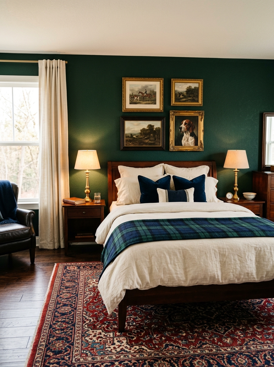 Ralph Lauren-inspired bedroom with hunter green accent wall behind the bed, cream bedding, navy pillows, plaid blanket, dark wood nightstands, brass lamps, framed vintage art, traditional rug, and warm natural light