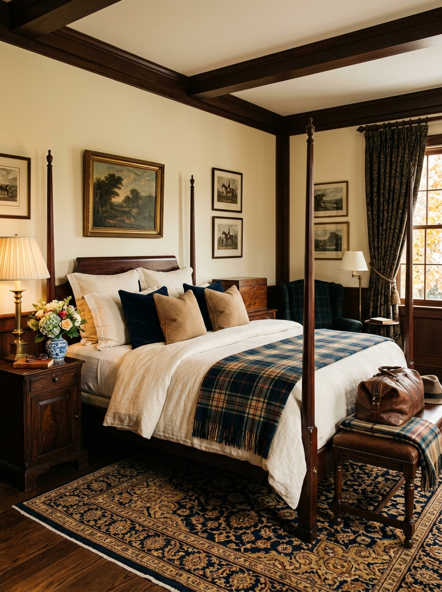 Old money guest bedroom inspired by Ralph Lauren-style interiors with full bed, cream bedding, navy and camel pillows, plaid throw, dark wood nightstand, brass lamp, blue-and-white ceramic vase with flowers, luggage bench, traditional rug, and warm inviting light
