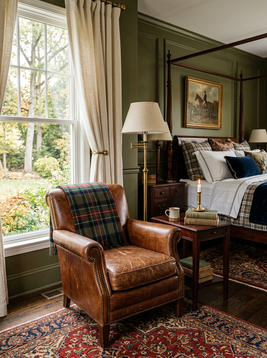 Cozy bedroom reading corner in a Ralph Lauren-inspired bedroom with brown leather club chair near a window, plaid throw, brass floor lamp, dark wood side table with books, cream curtains, traditional rug, and classic bed in the background